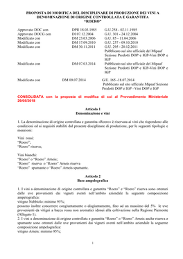 Proposta Di Modifica Del Disciplinare Di Produzione Dei Vini a Denominazione Di Origine Controllata E Garantita “Roero”