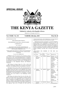 THE KENYA GAZETTE Published by Authority of the Republic of Kenya (Registered As a Newspaper at the G.P.O.)