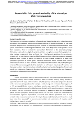 Equatorial to Polar Genomic Variability of the Microalgae Bathycoccus Prasinos