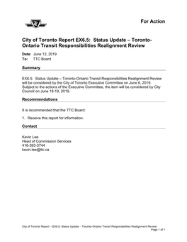 Status Update – Toronto- Ontario Transit Responsibilities Realignment Review