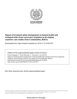 Impact of Treatment Plant Management on Human Health and Ecological Risks from Wastewater Irrigation in Developing Countries–Case Studies from Cochabamba, Bolivia