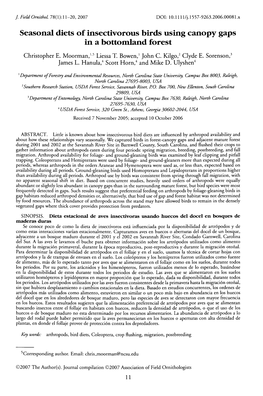 Seasonal Diets of Insectivorous Birds Using Canopy Gaps in a Bottomland Forest