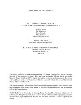 Nber Working Paper Series Health and Economic