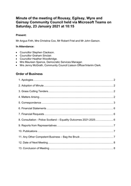 Minute of the Meeting of Rousay, Egilsay, Wyre and Gairsay Community Council Held on 23 January 2021