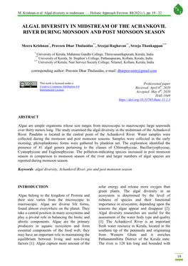 Algal Diversity in Midstream of the Achankovil River During Monsoon and Post Monsoon Season