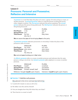 Lesson 3 Pronouns: Personal and Possessive; Reflexive and Intensive