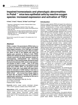 Impaired Homeostasis and Phenotypic Abnormalities in Prdx6à/Àmice Lens Epithelial Cells by Reactive Oxygen Species: Increased Expression and Activation of Tgfb