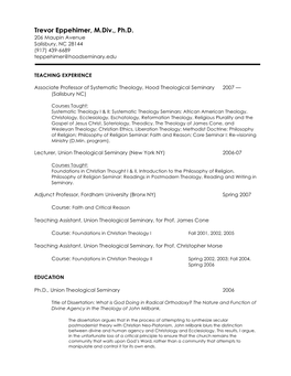Trevor Eppehimer, M.Div., Ph.D. 206 Maupin Avenue Salisbury, NC 28144 (917) 439-6689 Teppehimer@Hoodseminary.Edu