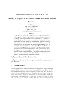 Theory of Algebraic Functions on the Riemann Sphere 1 Introduction