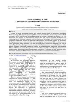 Renewable Energy in Iran: Challenges and Opportunities for Sustainable Development