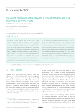 POLICY and PRACTICE Integrating Health and Social Services in Finland