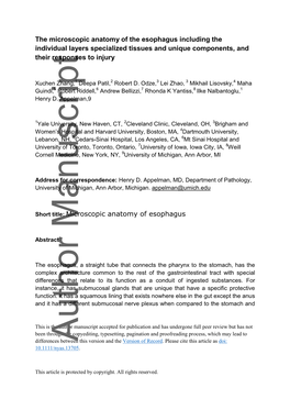 The Microscopic Anatomy of the Esophagus Including the Individual Layers Specialized Tissues and Unique Components, and Their Responses to Injury