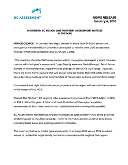 Northern BC 2016 Assessment Information News Release