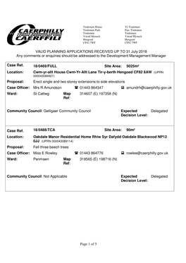 Page 1 of 5 VALID PLANNING APPLICATIONS RECEIVED up to 31 July 2018 Any Comments Or Enquiries Should Be Addressed to the Develop