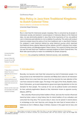 Rice Policy in Java from Traditional Kingdoms to Dutch Colonial Time Wasino Wasino and Endah Sri Hartatik Universitas Negeri Semarang