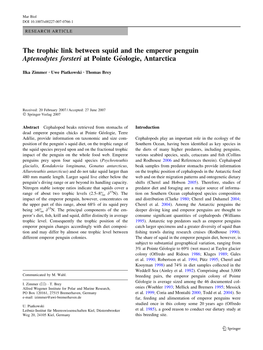 The Trophic Link Between Squid and the Emperor Penguin Aptenodytes Forsteri at Pointe Ge´Ologie, Antarctica