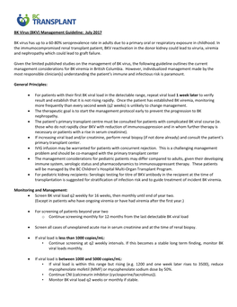 BK Virus (BKV) Management Guideline: July 2017