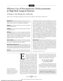 Effective Use of Percutaneous Cholecystostomy in High-Risk Surgical Patients Techniques, Tube Management, and Results