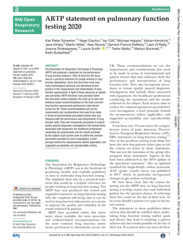 ARTP Statement on Pulmonary Function Testing 2020