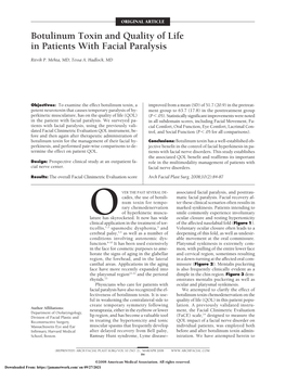 Botulinum Toxin and Quality of Life in Patients with Facial Paralysis