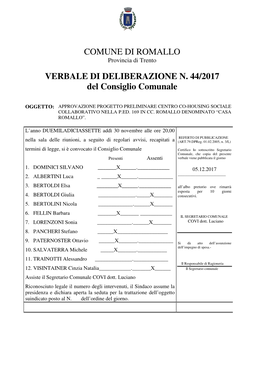 Copia Comune Di Romallo Verbale Di Deliberazione N