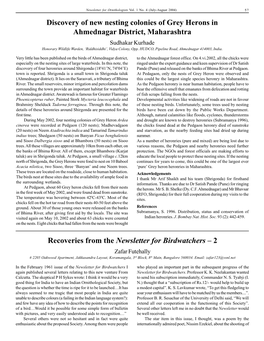 Discovery of New Nesting Colonies of Grey Herons in Ahmednagar District, Maharashtra Sudhakar Kurhade Honorary Wildlife Warden, ‘Riddhisiddhi’, Vidya Colony, Opp