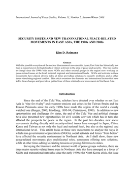 SECURITY ISSUES and NEW TRANSNATIONAL PEACE-RELATED MOVEMENTS in EAST ASIA, the 1990S and 2000S