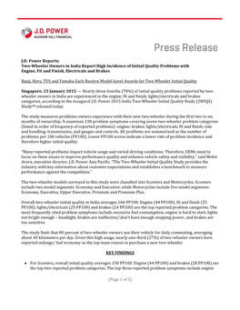 (Page 1 of 3) W J.D. Power Reports: Two-Wheeler Owners in India Report High Incidence of Initial Quality Problems with Engine