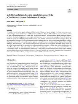 Mobility, Habitat Selection and Population Connectivity of the Butterfy Lycaena Helle in Central Sweden