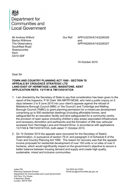 Land East of Hermitage Lane, Maidstone, Kent Application Refs: 13/1749 & Tm/13/03147/Oa