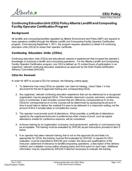 Continuing Education Unit (CEU) Policy Alberta Landfill and Composting Facility Operator Certification Program