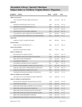 Alexandria Library, Special Collections Subject Index to Northern Virginia History Magazines