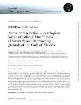 Active Prey Selection in Developing Larvae of Atlantic Bluefin Tuna (Thunnus Thynnus) in Spawning Grounds of the Gulf of Mexico