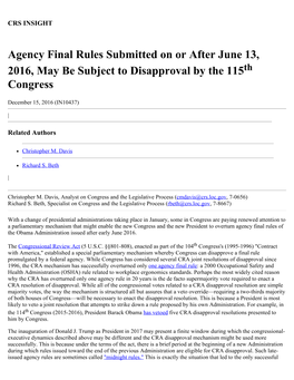 Agency Final Rules Submitted on Or After June 13, 2016, May Be Subject to Disapproval by the 115Th Congress
