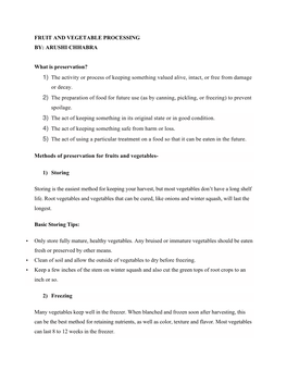 Fruit and Vegetable Processing By: Arushi Chhabra