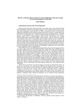 Ritorno a Chicago: Enrico Fermi E La Nascita Della Fisica Delle Alte Energie Nel Secondo Dopoguerra (1946-1954)