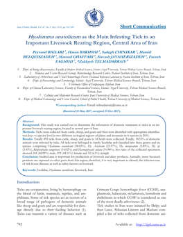 Hyalomma Anatolicum As the Main Infesting Tick in an Important Livestock Rearing Region, Central Area of Iran