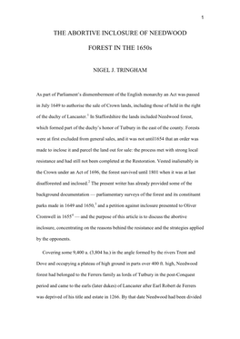 The Abortive Inclosure of Needwood Forest in the 1650S