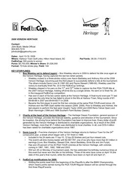 2009 Verizon Heritage Pre-Tournament Notes