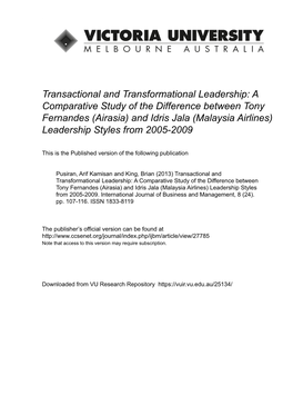 Transactional and Transformational Leadership: a Comparative Study of the Difference Between Tony Fernandes (Airasia) and Idris