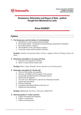 Renaissance, Reformation and Reason of State : Political Thought from Machiavelli to Locke