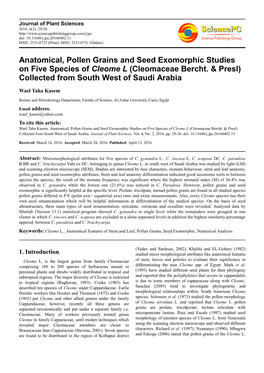 Anatomical, Pollen Grains and Seed Exomorphic Studies on Five Species of Cleome L (Cleomaceae Bercht