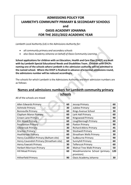 Admissions Policy for Lambeth's Community