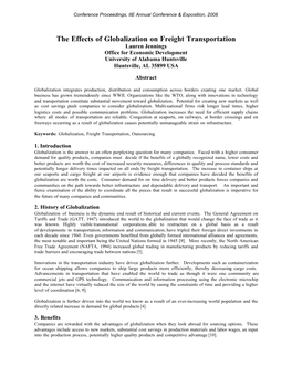 The Effects of Globalization on Freight Transportation Lauren Jennings Office for Economic Development University of Alabama Huntsville Huntsville, AL 35899 USA