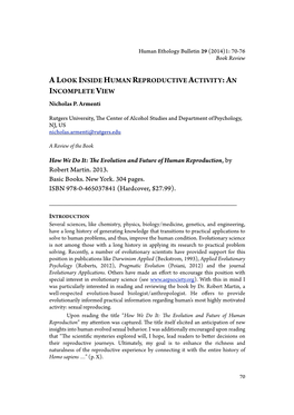 A LOOK INSIDE HUMAN REPRODUCTIVE ACTIVITY:AN INCOMPLETE VIEW How We Do It: Te Evolution and Future of Human Reproduction, by R