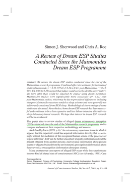 A Review of Dream ESP Studies Conducted Since the Maimonides Dream ESP Programme