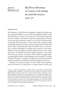 Big House Burnings in County Cork During the Irish Revolution, 1920–21*