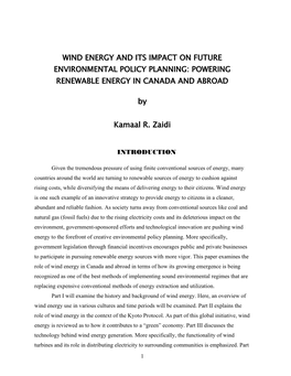 Wind Energy and Its Impact on Future Environmental Policy Planning: Powering Renewable Energy in Canada and Abroad