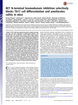 BET N-Terminal Bromodomain Inhibition Selectively Blocks Th17 Cell Differentiation and Ameliorates Colitis in Mice