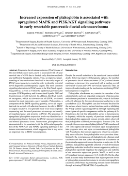 Increased Expression of Plakoglobin Is Associated with Upregulated MAPK and PI3K/AKT Signalling Pathways in Early Resectable Pancreatic Ductal Adenocarcinoma